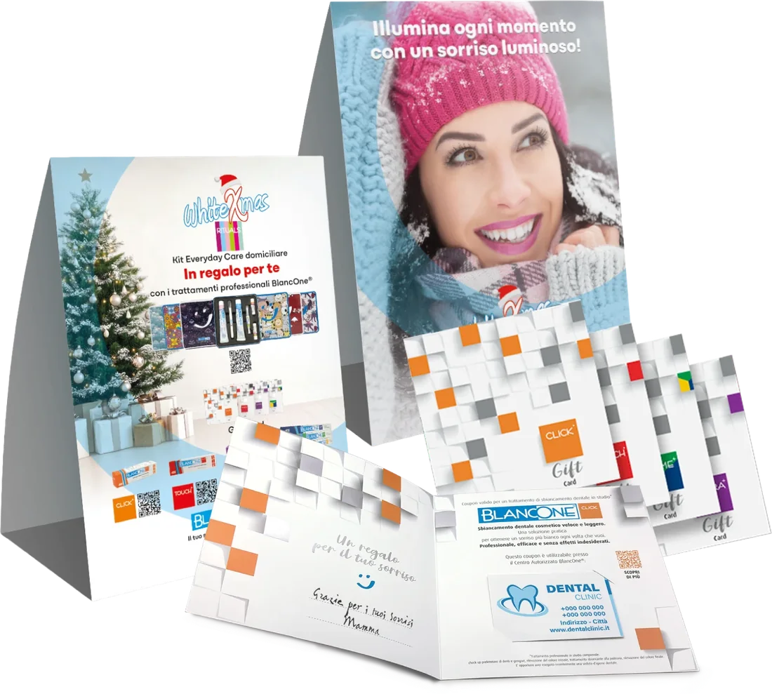 Materiali promozionali BlancOne White Xmas per lo studio: cavalieri da banco, depliant e gift card