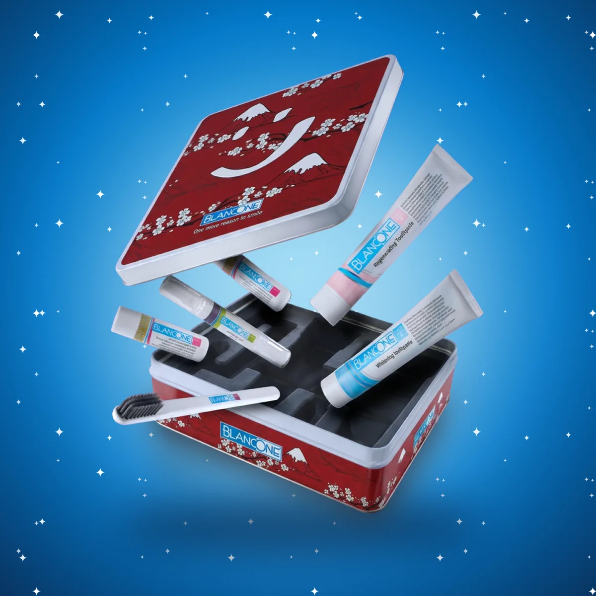 Cofanetto in metallo BlancOne RITUALS aperto con spazzolino, dentifrici, LIPS e STICK